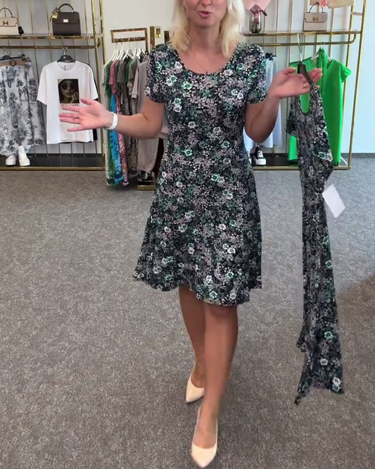 EleganceFit – Slim Waist Printed Dress – Green / S