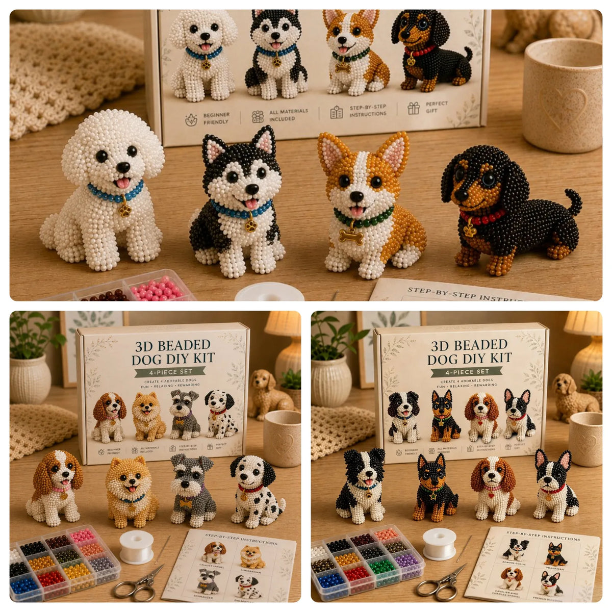 PawCraft – 3D Beaded Pet DIY Kit – Dog Style Set 1+2+3 (3-Piece Set)