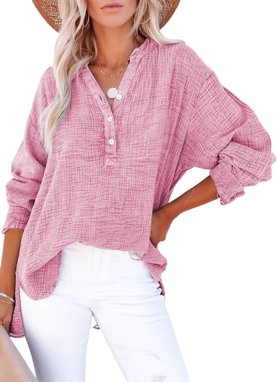 CloudFit – Women’s Casual Oversized Gauze Blouse – Pink / S