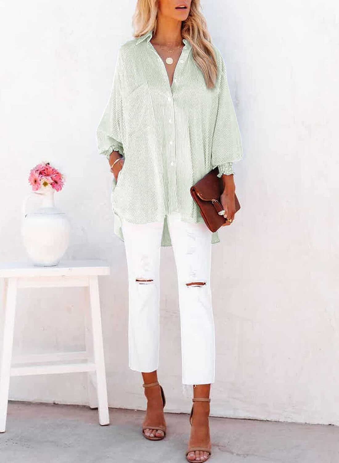 2026 ItemWomen's pleated cuffs striped shirt with pockets and casual collar – image 15