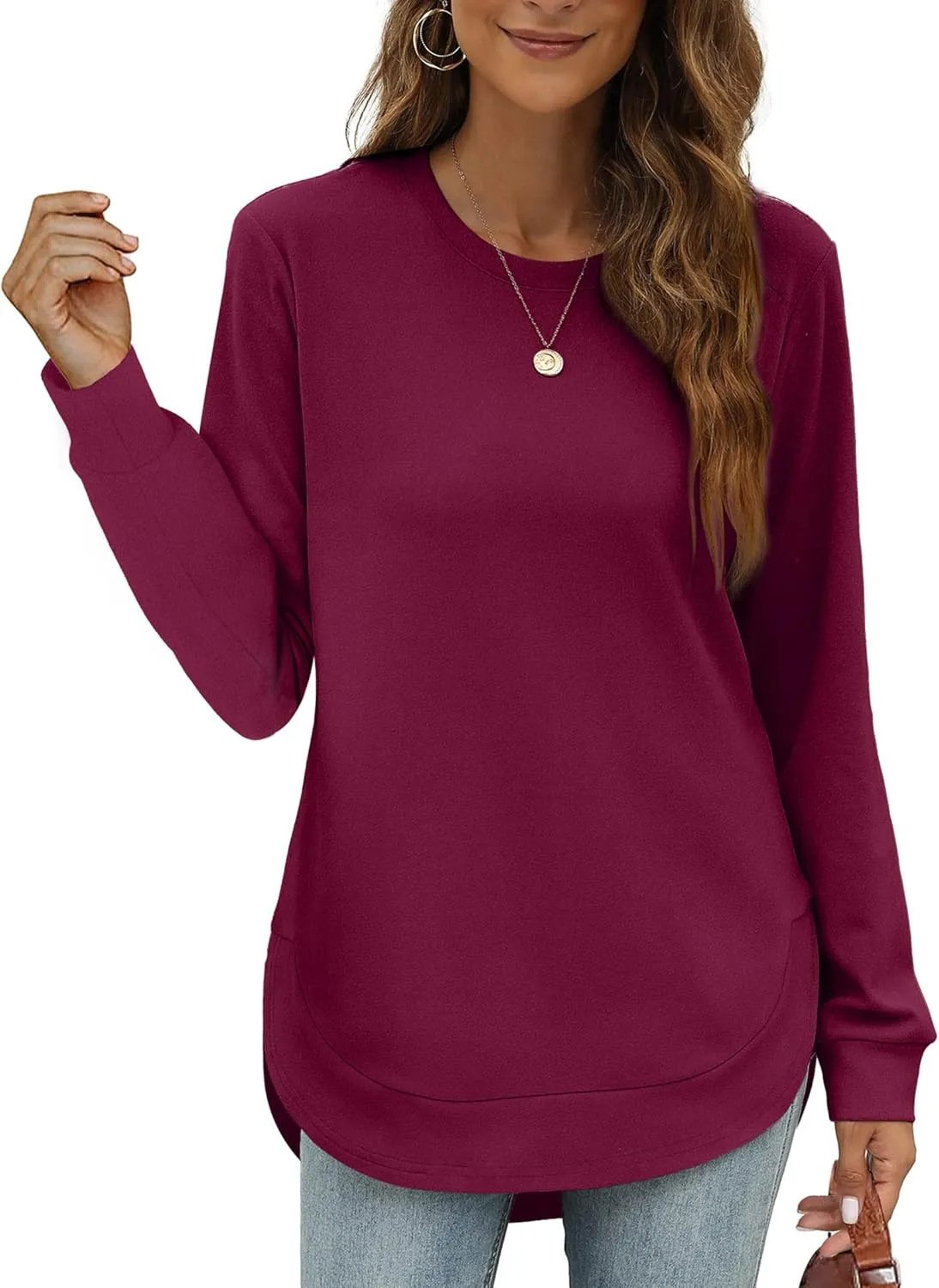 CurveFit – Soft Crewneck Sweatshirt All Day Comfort – Wine / S