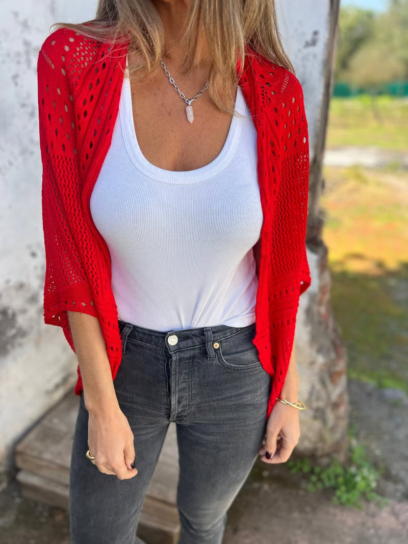 CloudWeave – Hollow Half Sleeve Cardigan – Red / S