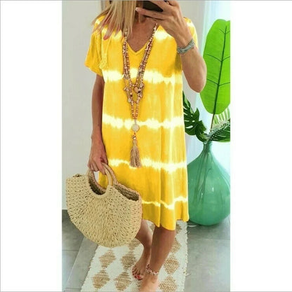 ChillAura | Tie-Dye Striped Loose Summer Dress – Yellow / S