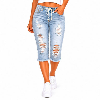 DenimBloom – High Waist Cropped Denim Jeans – Light blue / XS