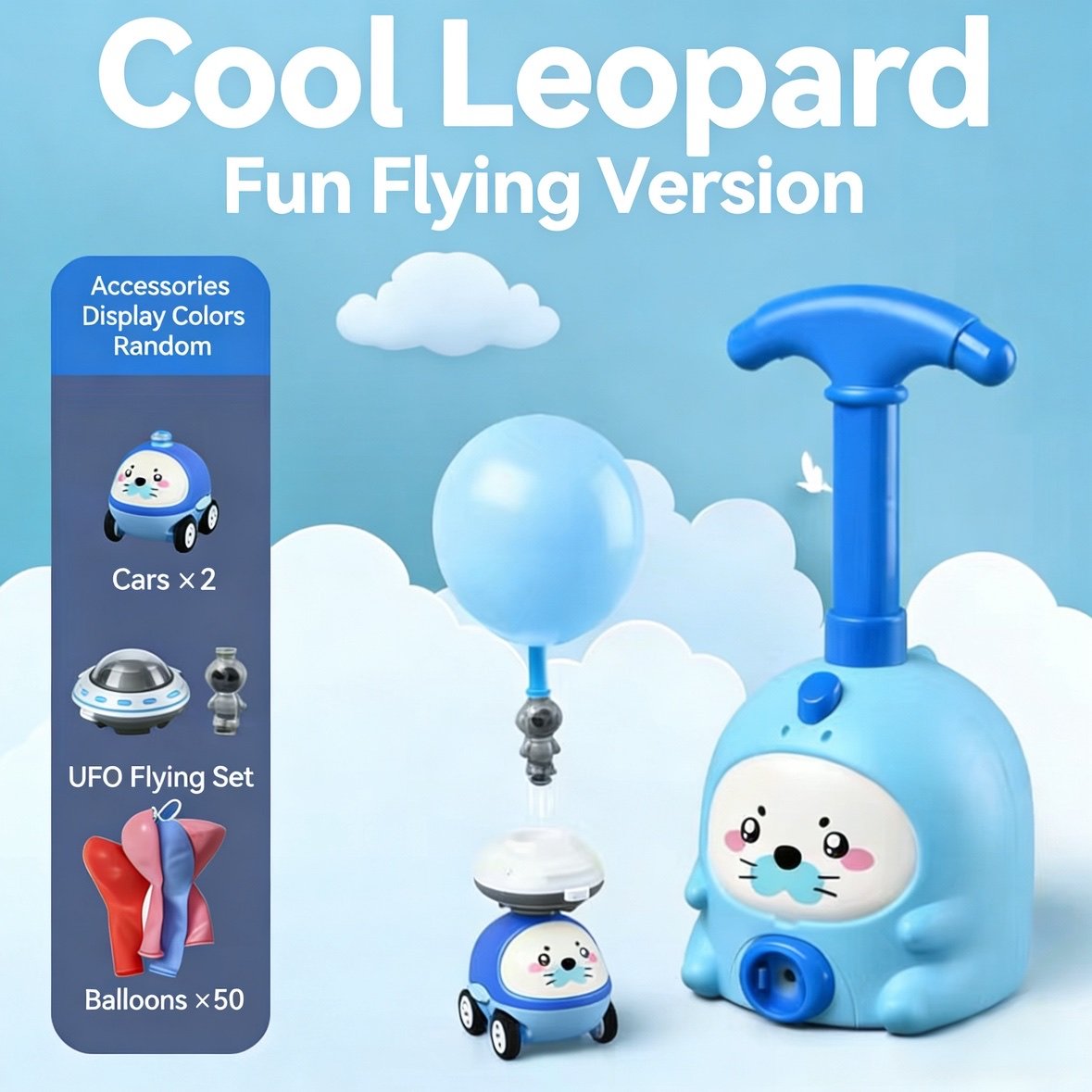 BalloonBoom – Fun Outdoor Launcher Toy Set – 2 Blue Seal Cars+2 UFO Flying Sets+50 Balloons
