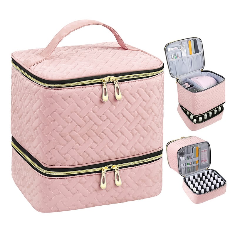 PolishPro – Deluxe Double‑Layer Nail Organizer Case – Bamboo Pattern - Pink
