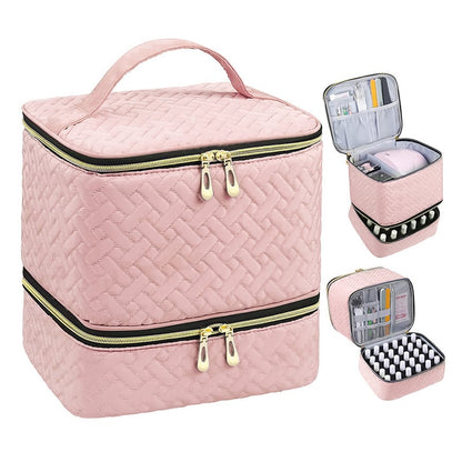 PolishPro – Deluxe Double‑Layer Nail Organizer Case – Bamboo Pattern - Pink