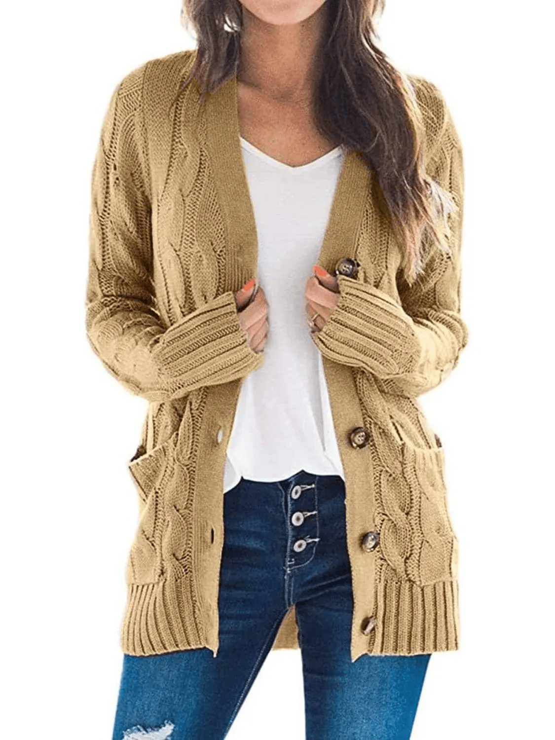 Velora – Chic Button Down Cardigan – Khaki / S(4-6）