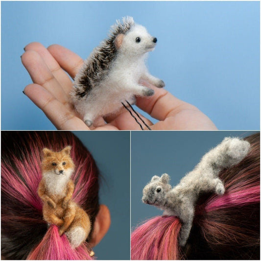ForestWhim – Needle Felt Animal Hair Accessory – : ️Hedgehog+Squirrel+Fox️ / Material package(DIY) / 1pcs
