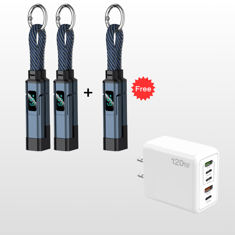 VoltFlex – Digital Display Fast Charge Cable – Blue / 3 Pieces  Buy 2，Get 1 Free / 4-in-1 Charging Cable with Digital Display + Multi-Port Fast Charger