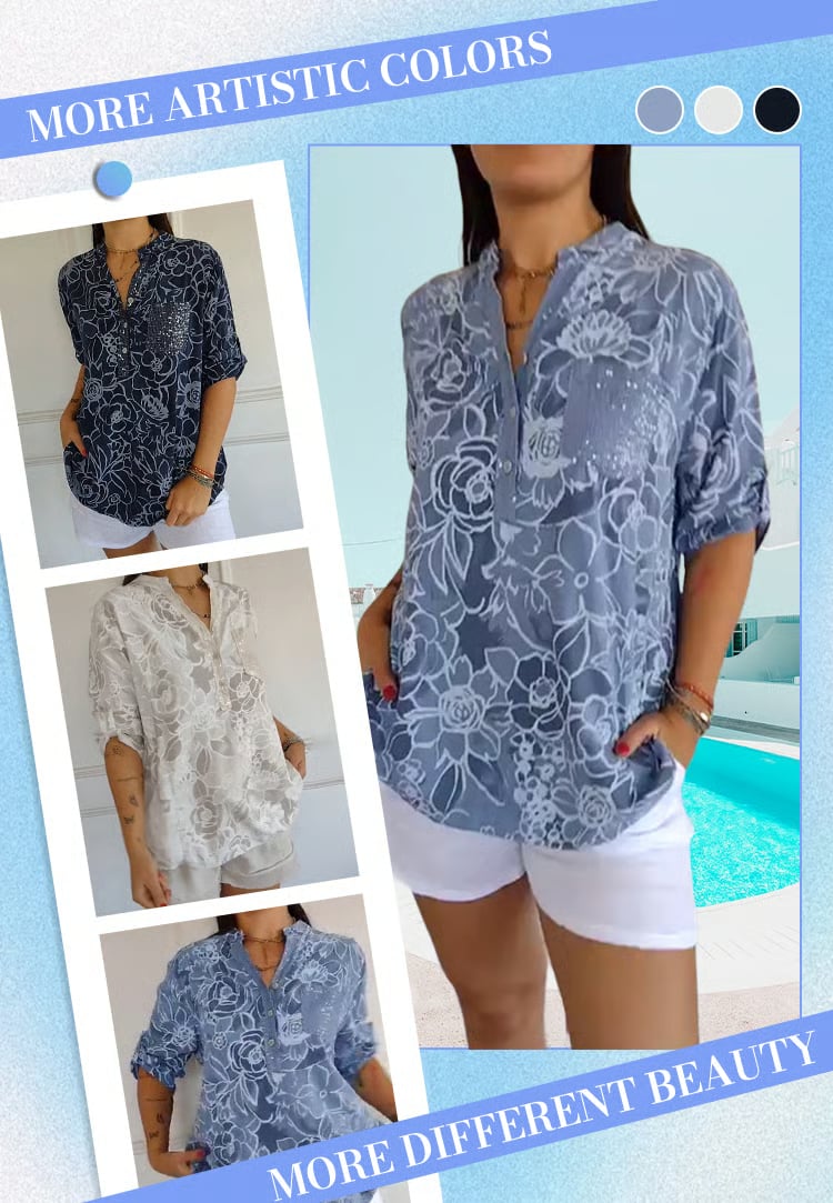 PrintLuxe – V-Neck Button-Down Printed Blouse – image 9