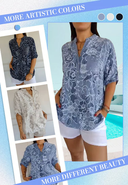 PrintLuxe – V-Neck Button-Down Printed Blouse – image 9
