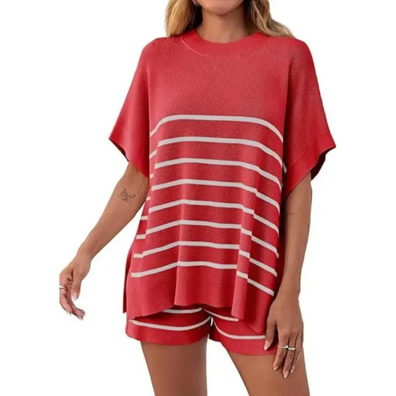 BellaVive – Chic Striped Loungewear Outfit Set – red / XS
