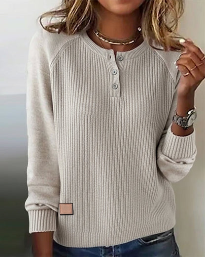 RaglaMode – Stylish Button Sleeve Pullover – Beige / S
