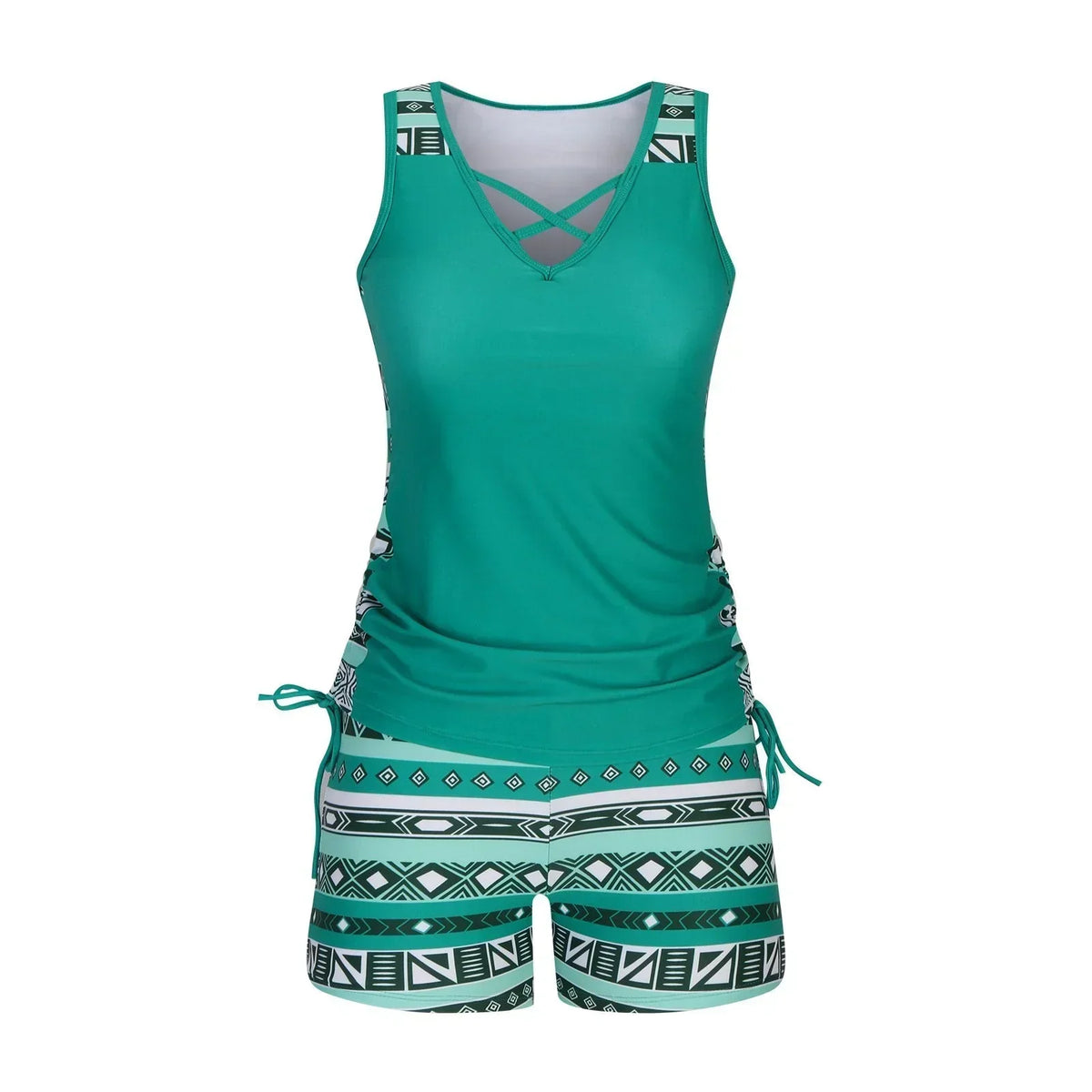 BeachBloom – Modest Bohemian Tankini Swimsuit with Shorts – Green / S