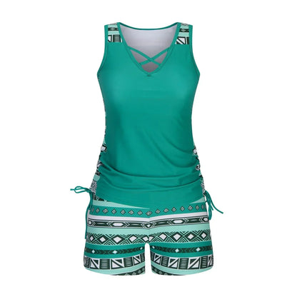 BeachBloom – Modest Bohemian Tankini Swimsuit with Shorts – Green / S