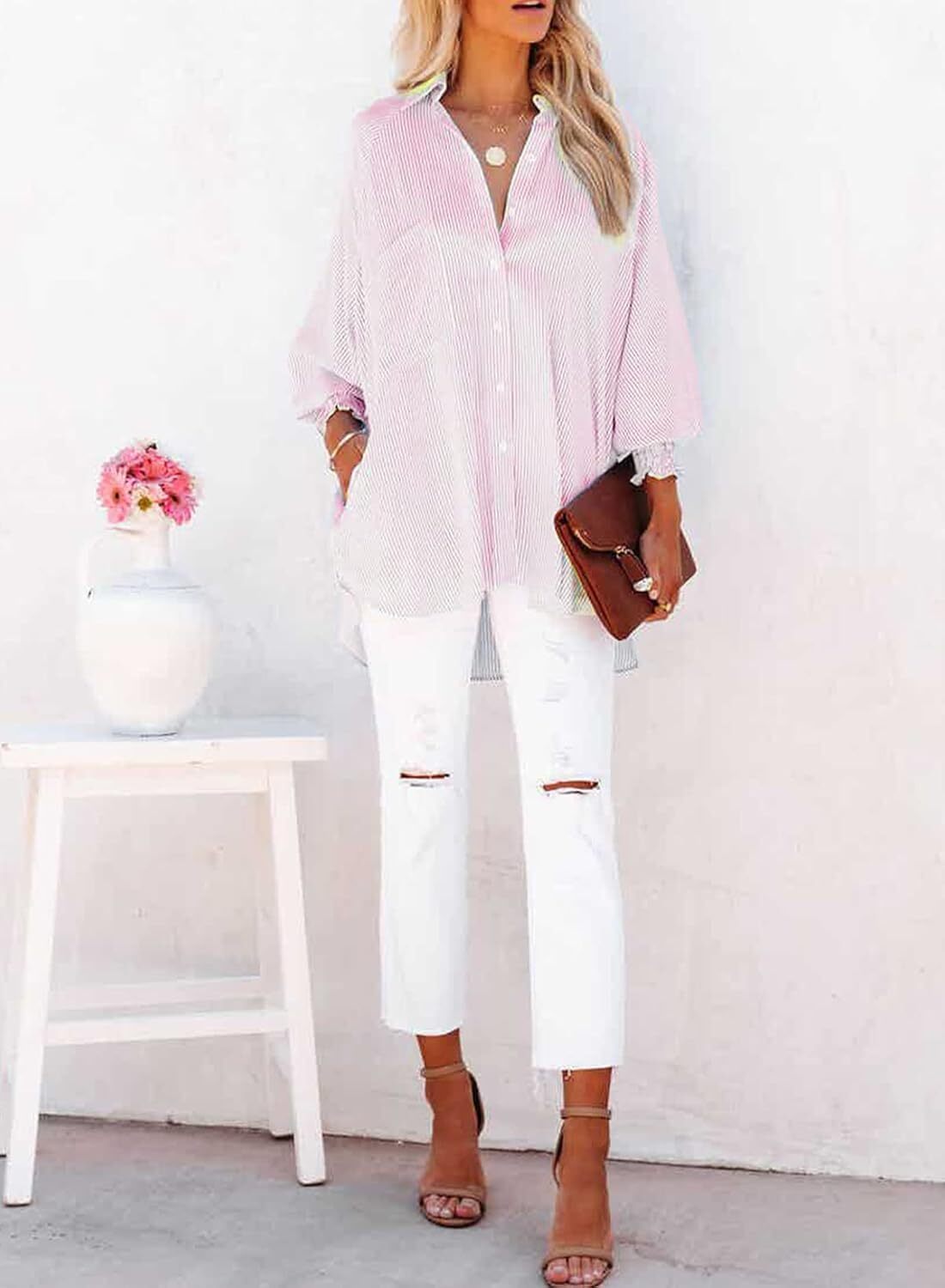 2026 ItemWomen's pleated cuffs striped shirt with pockets and casual collar – image 5