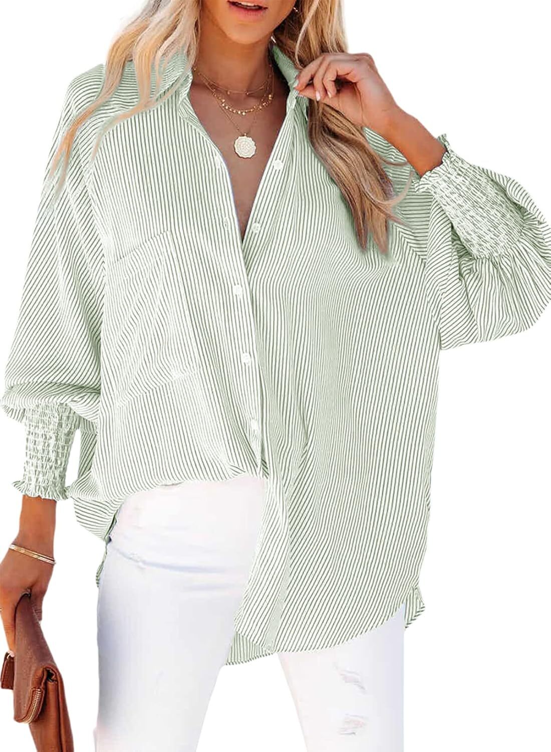2026 ItemWomen's pleated cuffs striped shirt with pockets and casual collar – image 12