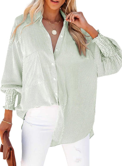 2026 ItemWomen's pleated cuffs striped shirt with pockets and casual collar – image 12