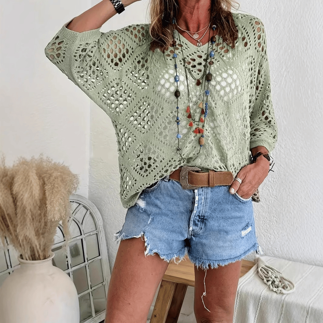 CoastalMuse – Elegant Boho Crochet Top – Green / S