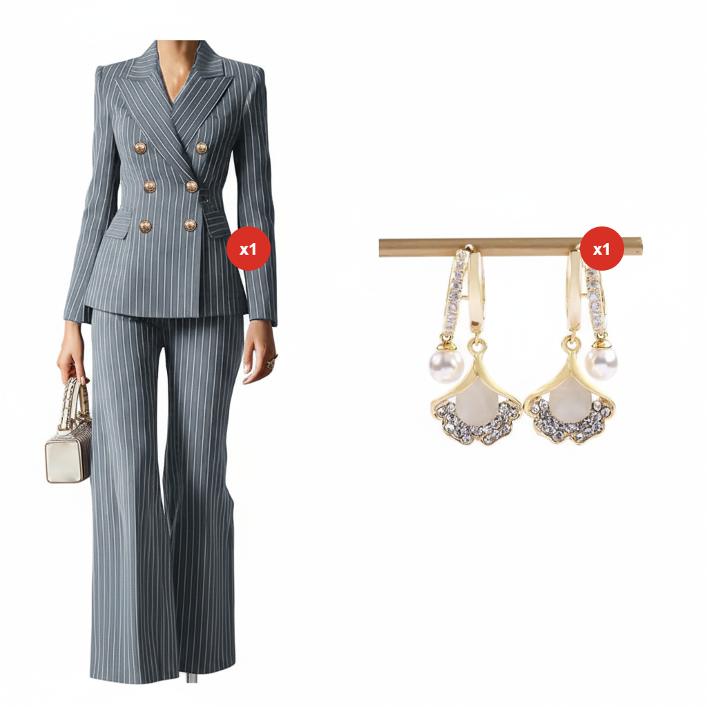 FemmeLine – Women’s Tailored Pinstripe Suit – Grey / S / Suit + earrings