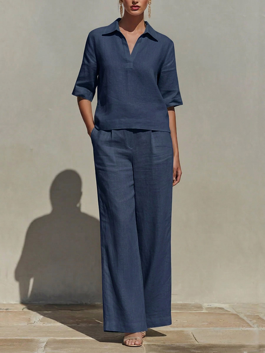 LinenLuxe – Women’s Solid Cotton Linen Two-Piece Set – Navy / XS