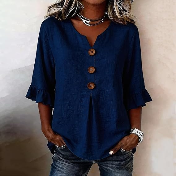 SoftDrape - Feminine V-Neck Flared Sleeve Denim Blouse – Dark Blue / S