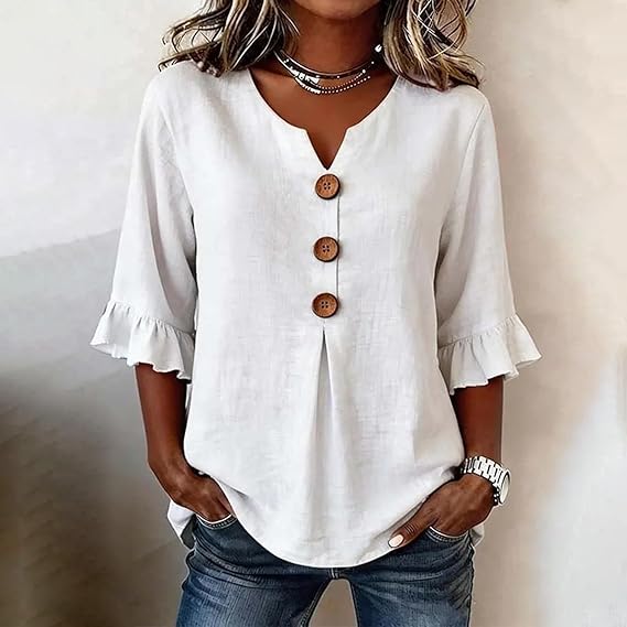 SoftDrape - Feminine V-Neck Flared Sleeve Denim Blouse – White / S