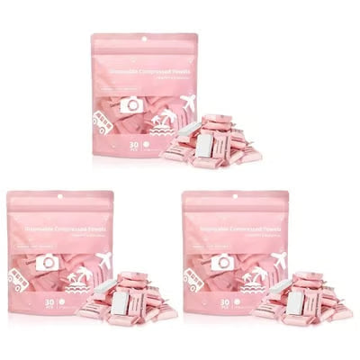 AirTowel – Disposable Compressed Travel Towel Set – Pink (30 pieces/pack) 3 Packs