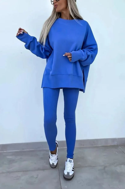 SoftEase – Comfy Slit Sweatshirt Two-Piece Set – Blue / S
