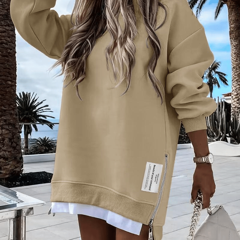 AuraWear – Comfortable Long Sleeve Pullover Casual Dress – Light Khaki / S