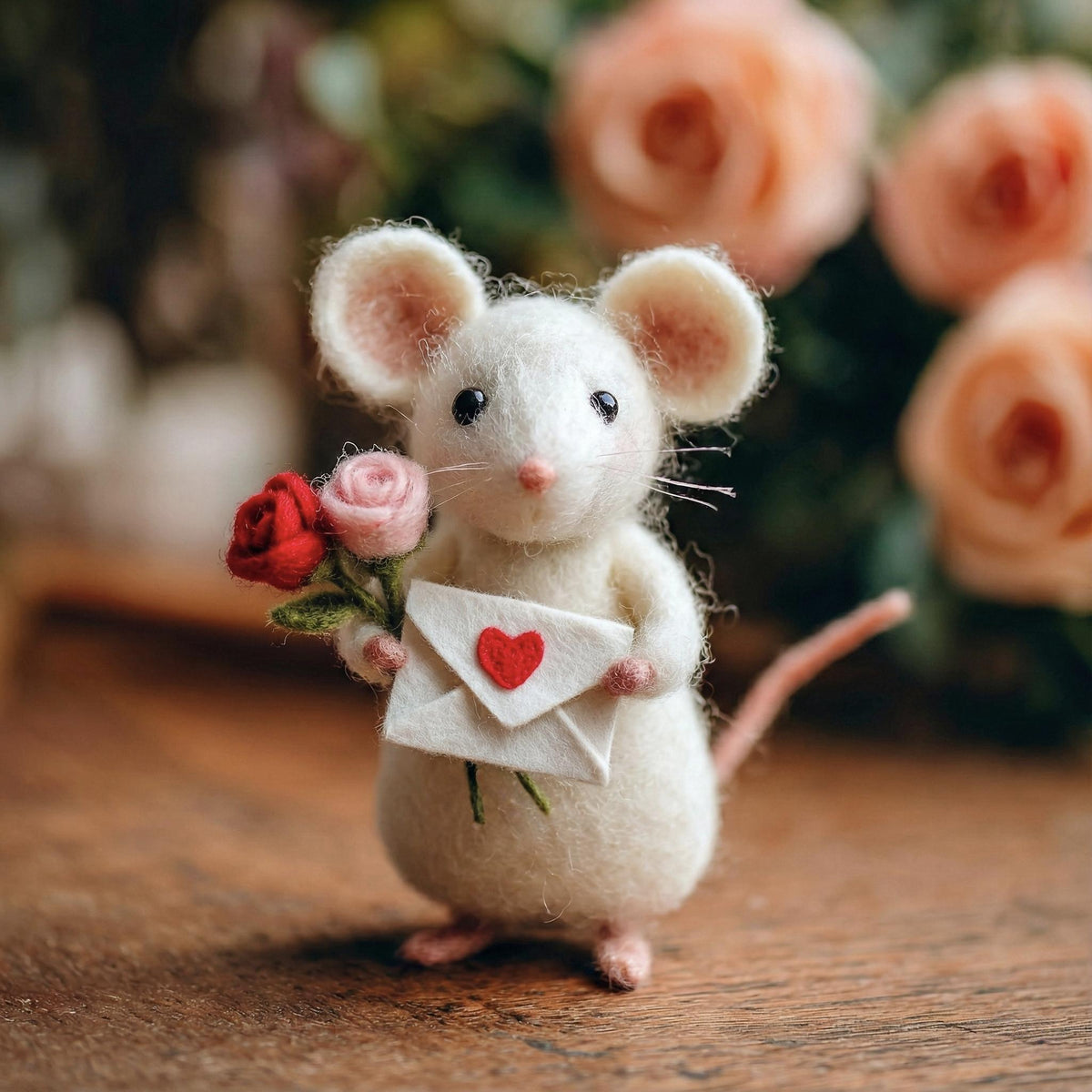 Needle Felted Mouse | Valentine's Day Gift – Flower & Letter