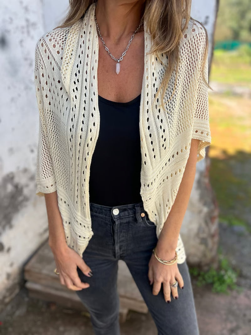 CloudWeave – Hollow Half Sleeve Cardigan – Apricot / S
