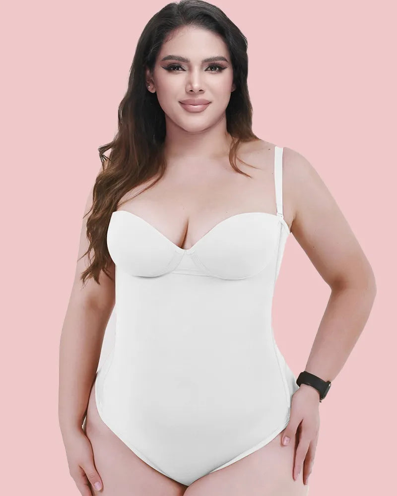 CurveLuxe – Back Lace-Up Seamless Thong Bodysuit – White / XS