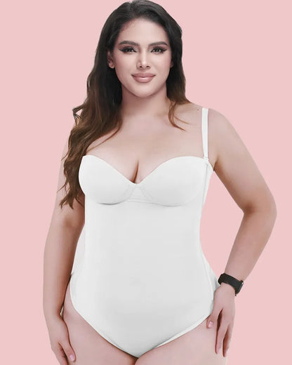 CurveLuxe – Back Lace-Up Seamless Thong Bodysuit – White / XS