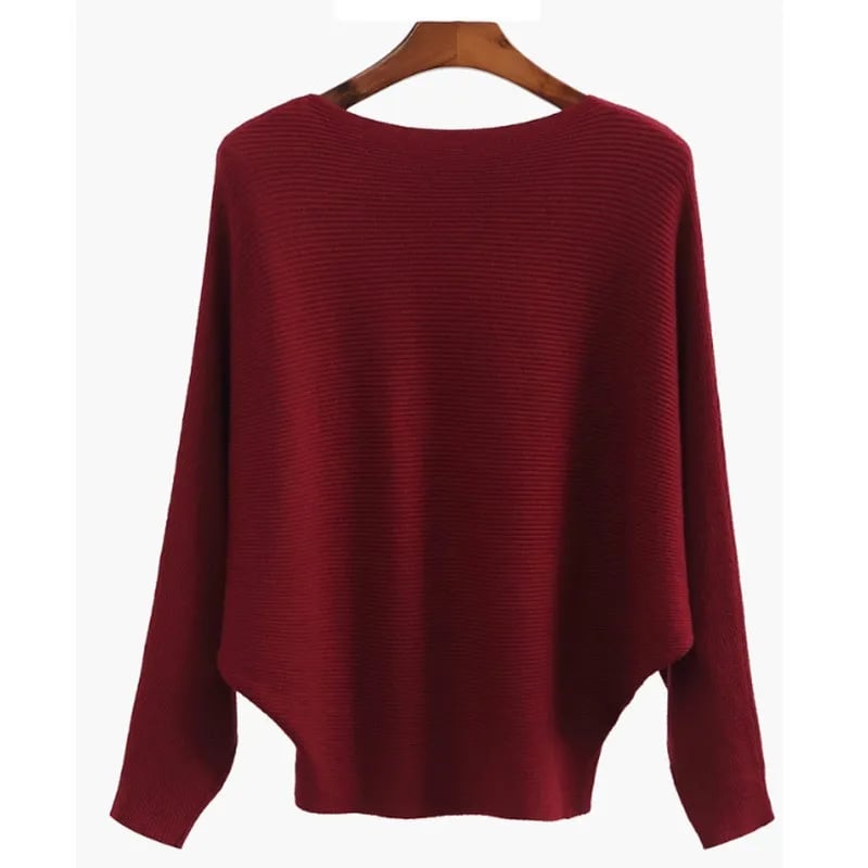 CozyWave – Women’s Boat Neck Bat Sleeve Knitted Sweater – Claret / One Size