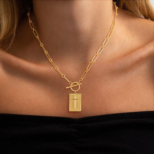Cruxelle – Cross Pendant Paperclip Chain Necklace – Gold / A Beautiful Gift Box Included With Every Order