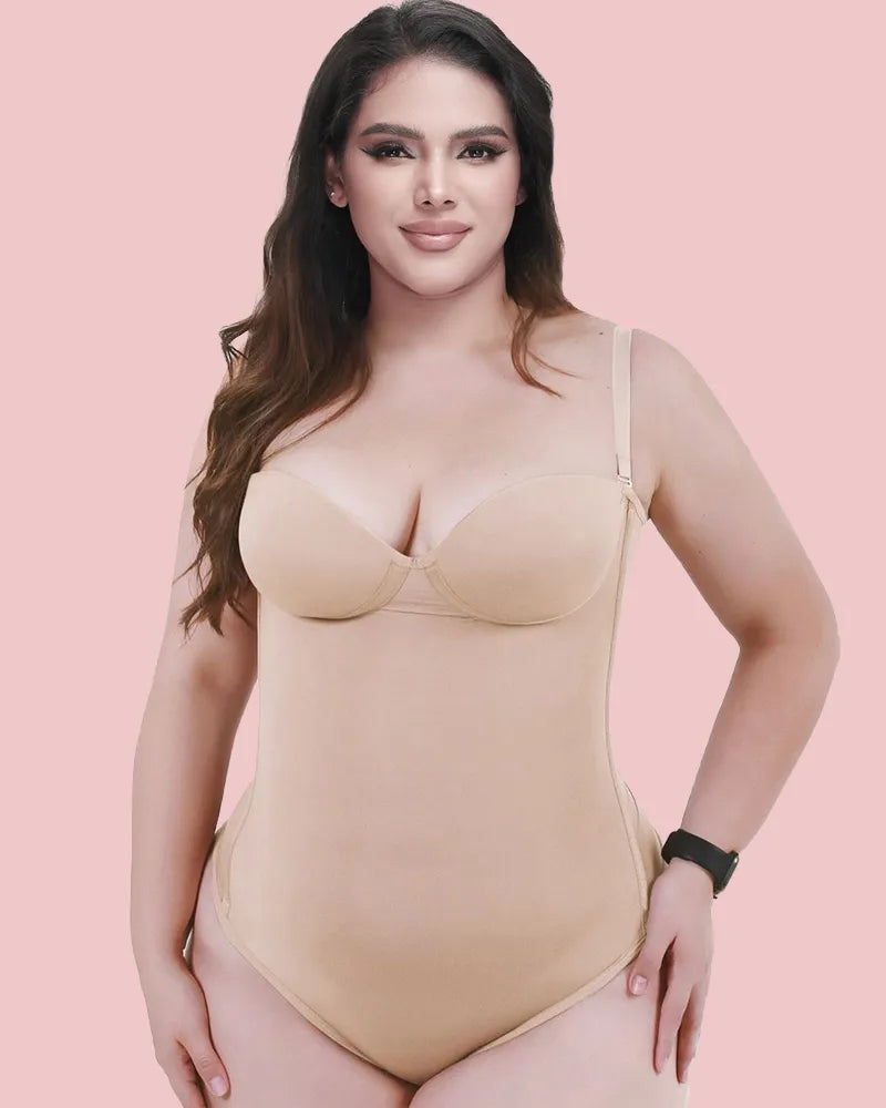 CurveLuxe – Back Lace-Up Seamless Thong Bodysuit – Tan / XS