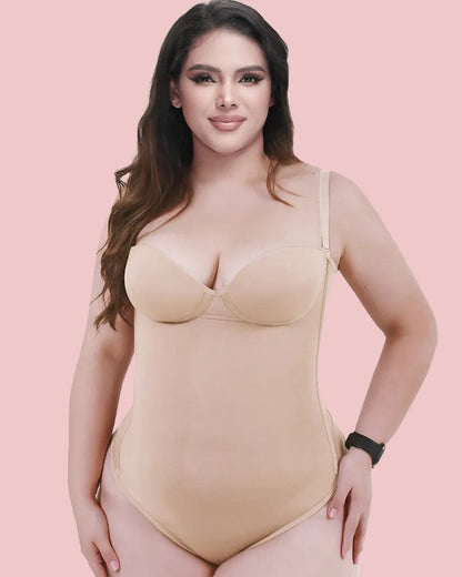 CurveLuxe – Back Lace-Up Seamless Thong Bodysuit – Tan / XS