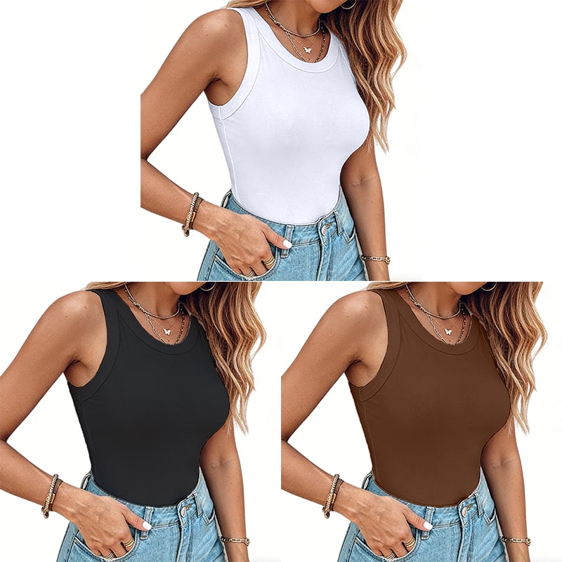 LunaFit – Seamless Comfort Ribbed Tank Top – Black+Brown+White / S