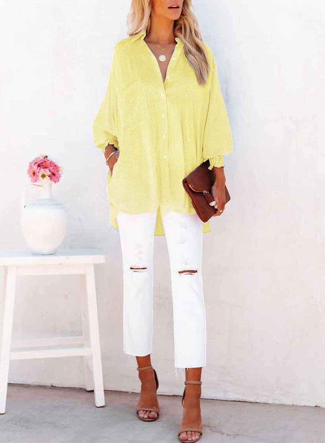 2026 ItemWomen's pleated cuffs striped shirt with pockets and casual collar – image 20