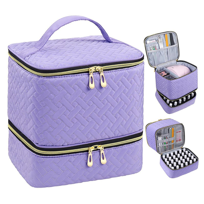 PolishPro – Deluxe Double‑Layer Nail Organizer Case – Bamboo Pattern - Purple