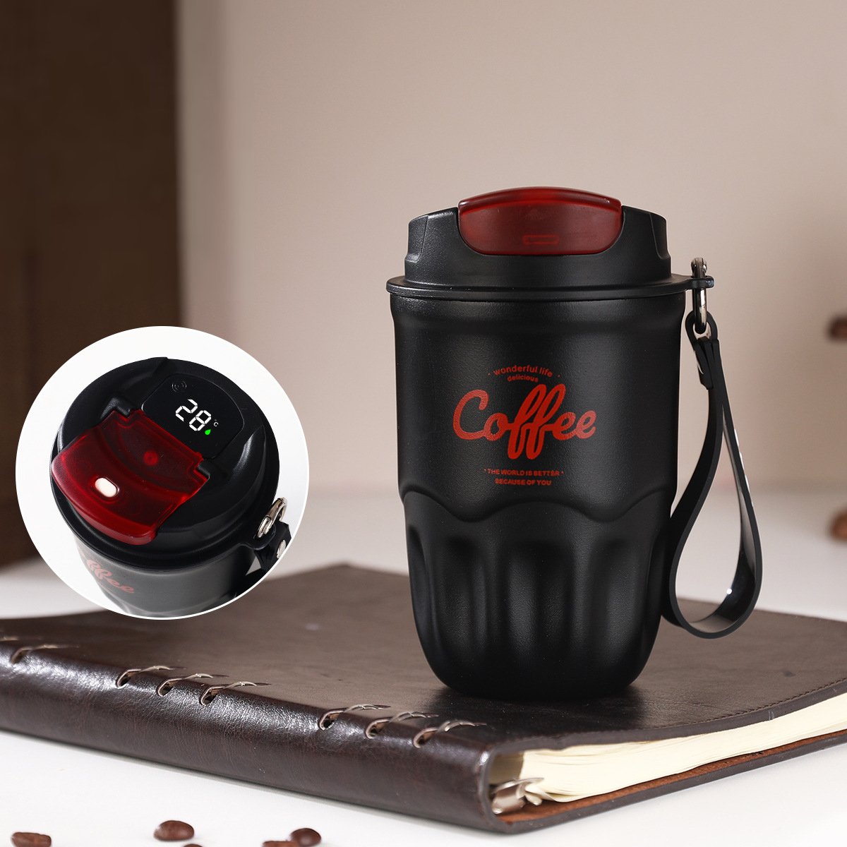 SipGuard – Portable Temperature Lock Coffee Flask – Black / Smart temperature display