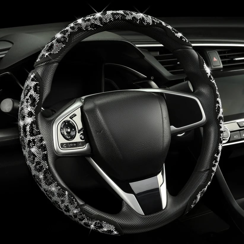 LuxiDrive – Crystal Studded Steering Wheel Cover – Snow leopard print / 3pcs