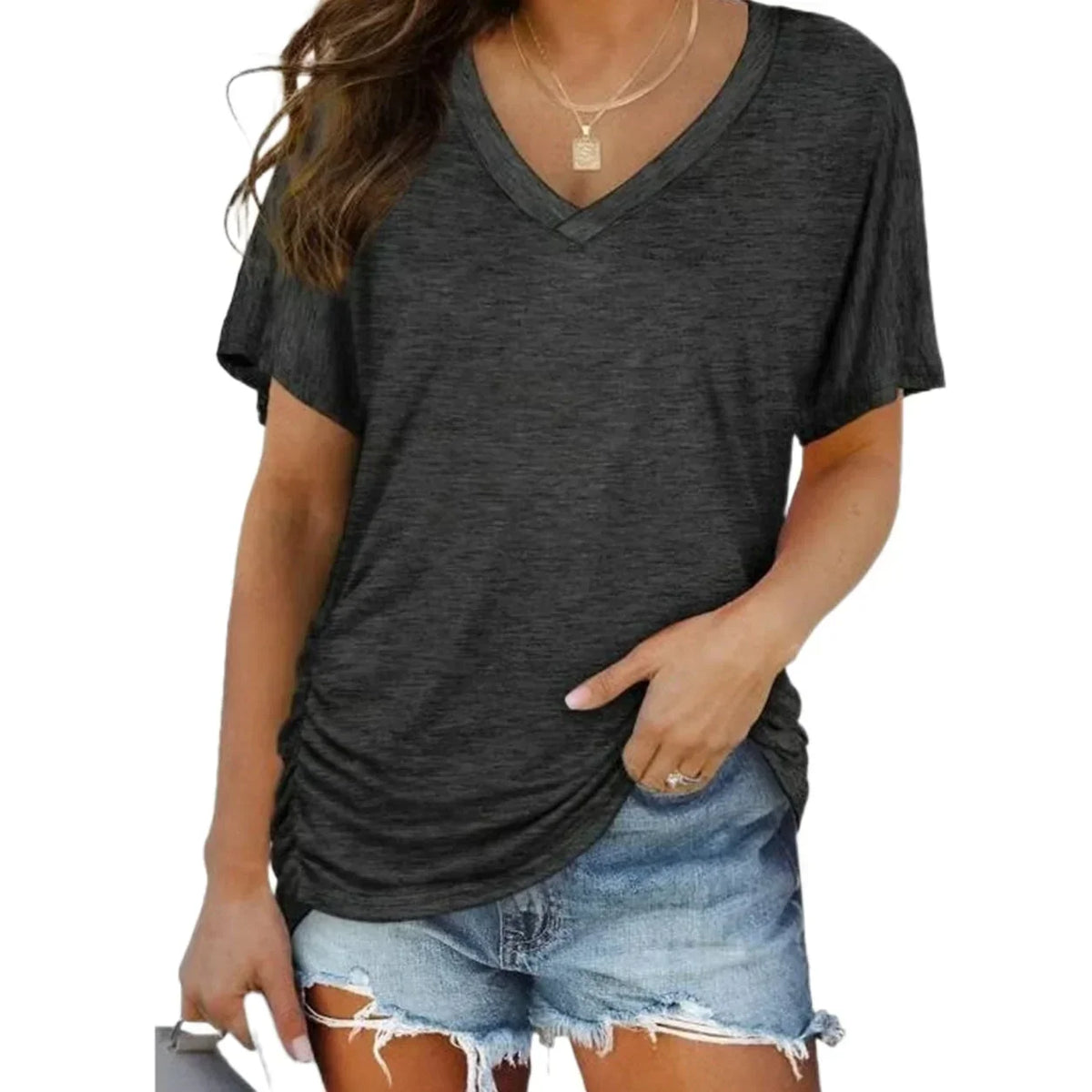 SoftLuxe – Women's Everyday V-Neck Comfort T-Shirt – Dark Grey / S
