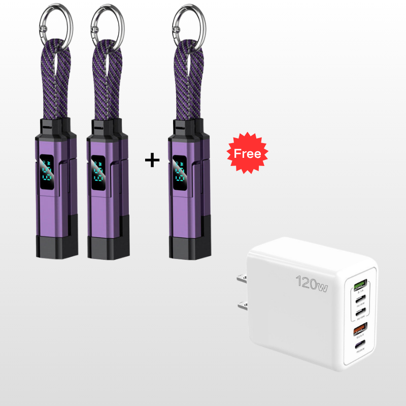 VoltFlex – Digital Display Fast Charge Cable – Purple / 3 Pieces  Buy 2，Get 1 Free / 4-in-1 Charging Cable with Digital Display + Multi-Port Fast Charger