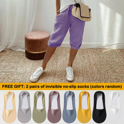 Florel – Breathable Drawstring Capris – Purple / M / 2 Pairs of summer invisible no-slip socks (colors random)