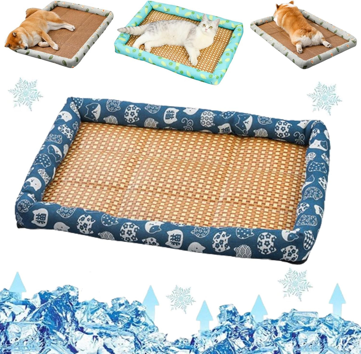 CoolNest – Breathable Rattan Cooling Pet Bed – Blue Cat / S (40*30cm)
