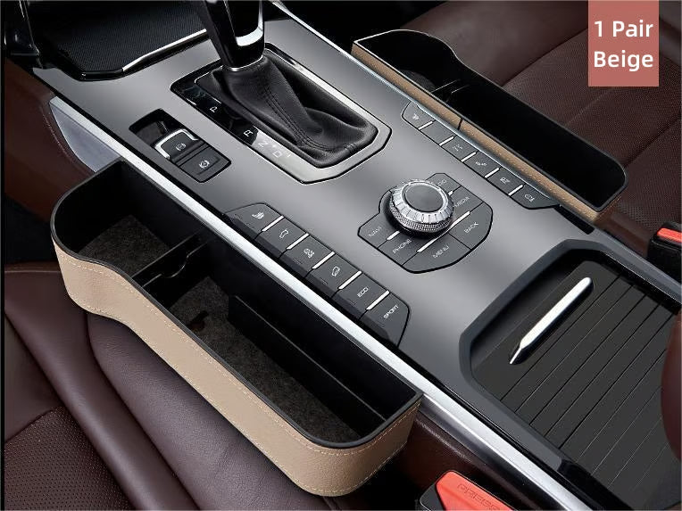 DriveMate – Multi Pocket Leather Car Seat Storage Organizer – Beige / 1 Pair / Leather