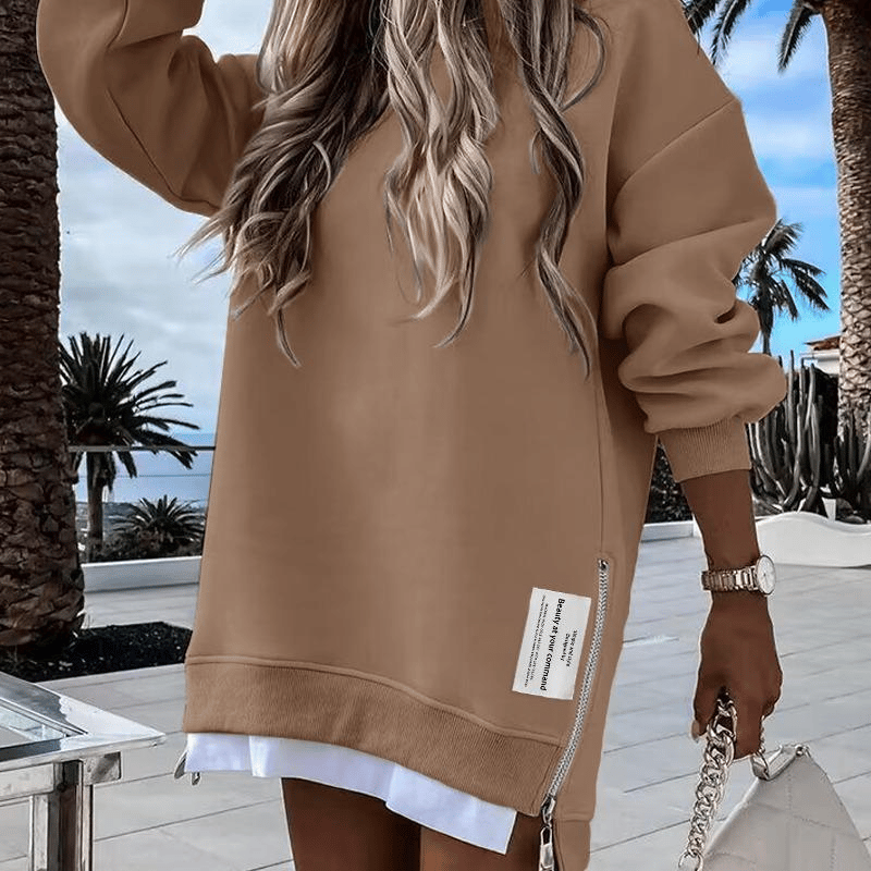 AuraWear – Comfortable Long Sleeve Pullover Casual Dress – Brown / S
